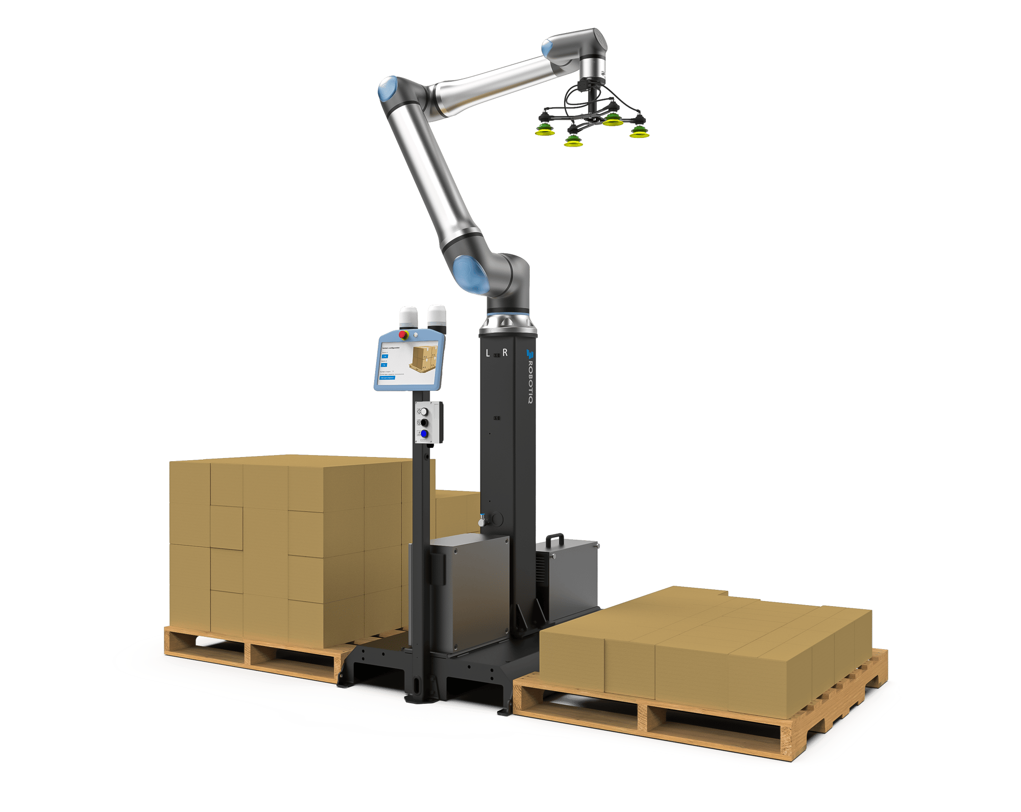 The turnkey Robotiq Palletizing Solution stacking on two pallets 